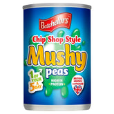 Batchelors Chip Shop Style Mushy Peas, a 300g can marked as high in protein and contributing to 1 of your 5 a day, adorned with a British flag symbol.